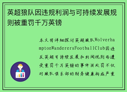 英超狼队因违规利润与可持续发展规则被重罚千万英镑